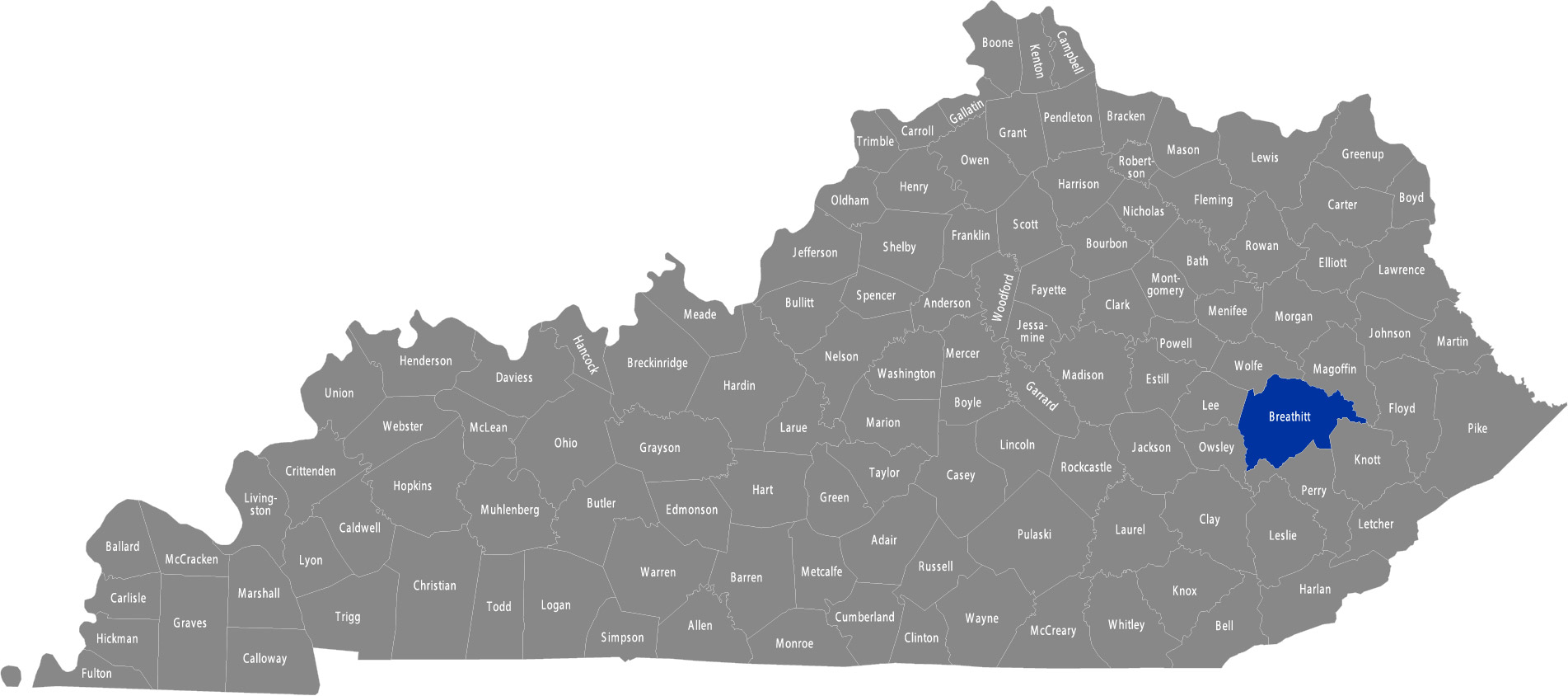 State of Kentucky map with Breathitt County highlighted 
